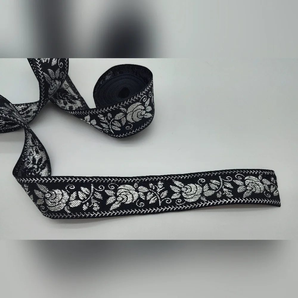 Vintage Japanese Black Silver Rose Jacquard Ribbon 1.25 Luxury Trim Two (2) Yard